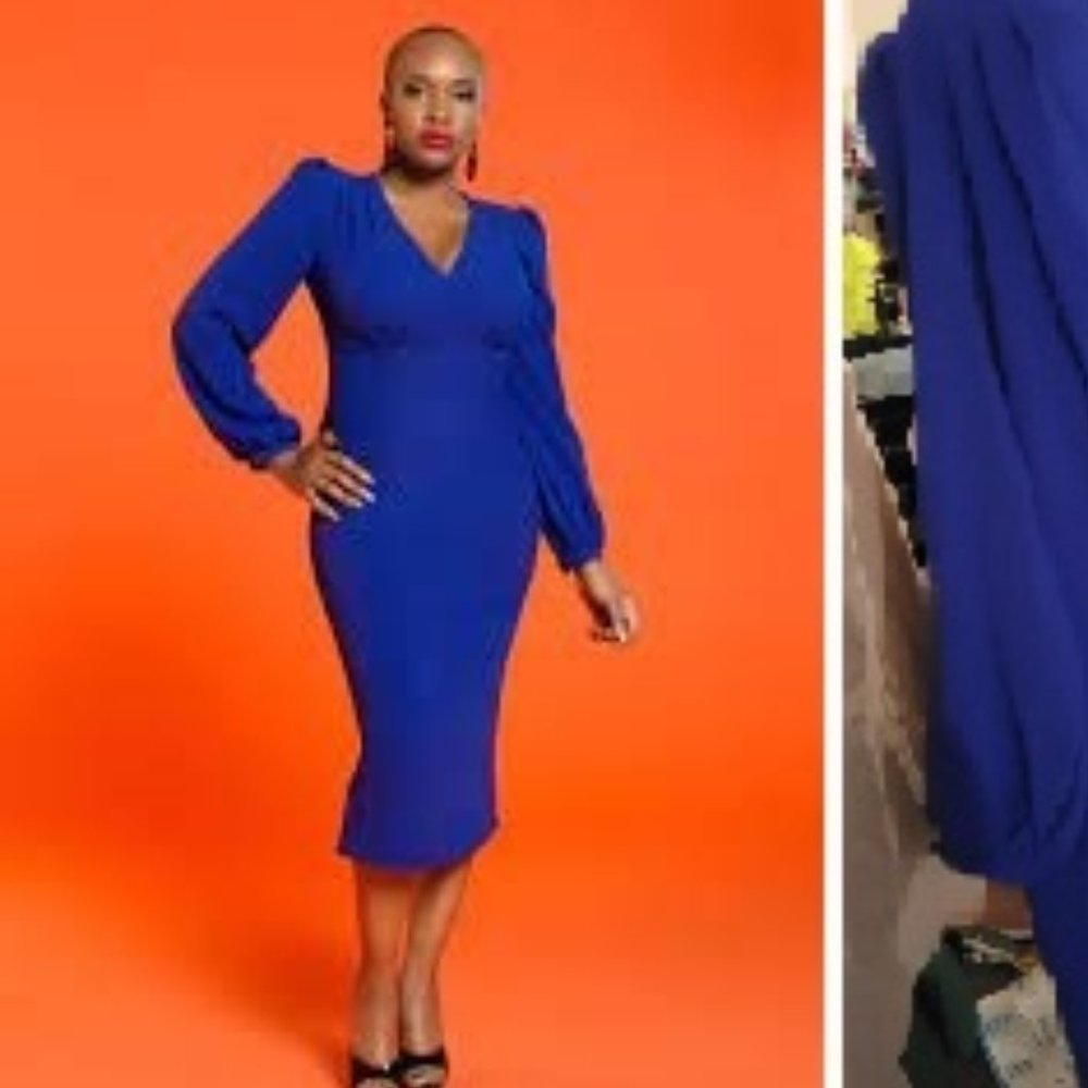 EUC Pinup Couture Traci Lords Rachel Sheath Bishop Sleeve Dress Blue 3X